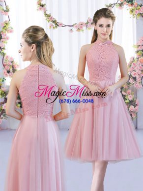 Sexy High-neck Sleeveless Dama Dress Tea Length Lace Pink Tulle