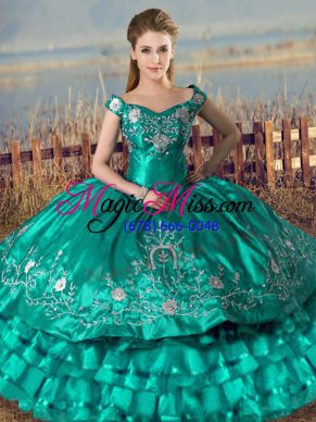 Embroidery and Ruffled Layers Ball Gown Prom Dress Turquoise Lace Up Sleeveless Floor Length