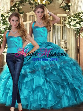 Artistic Teal Halter Top Lace Up Ruffles and Pick Ups Ball Gown Prom Dress Sleeveless