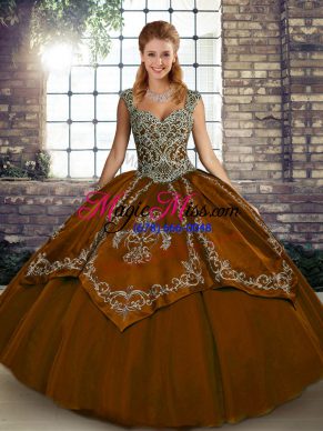 Gorgeous Brown Lace Up Straps Beading and Embroidery Sweet 16 Quinceanera Dress Tulle Sleeveless