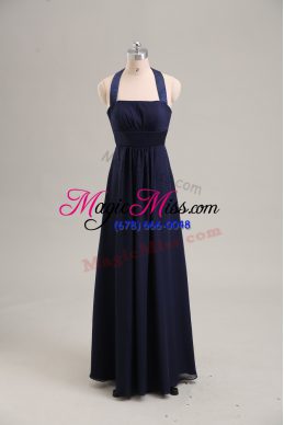 Cute Navy Blue Empire Chiffon Halter Top Sleeveless Ruching Floor Length Lace Up Ball Gown Prom Dress