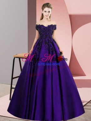Decent Floor Length Purple Quinceanera Gown Satin Sleeveless Lace