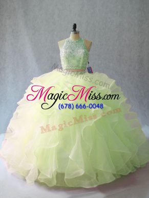 Yellow Green Ball Gowns Organza Halter Top Sleeveless Beading and Ruffles Backless 15 Quinceanera Dress Brush Train