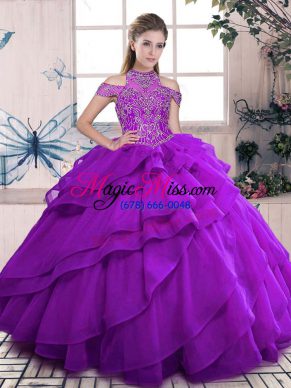 Fitting Purple High-neck Lace Up Beading and Ruffles Quince Ball Gowns Sleeveless