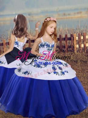 Blue Lace Up Straps Embroidery Child Pageant Dress Organza Sleeveless