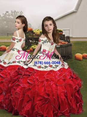 Custom Made Straps Sleeveless Child Pageant Dress Floor Length Embroidery and Ruffles Red Organza