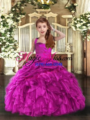 Customized Sleeveless Organza Floor Length Lace Up Glitz Pageant Dress in Fuchsia with Ruffles