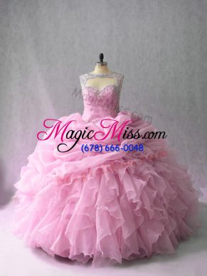 Brush Train Ball Gowns Sweet 16 Quinceanera Dress Pink Scoop Organza Sleeveless Lace Up