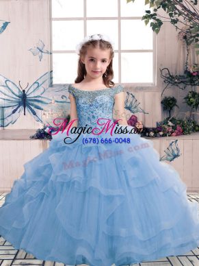 Light Blue Sleeveless Floor Length Beading and Ruffles Lace Up Little Girls Pageant Dress Wholesale