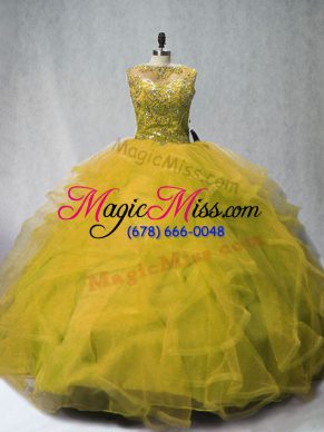 Olive Green Bateau Lace Up Beading and Ruffles Sweet 16 Quinceanera Dress Court Train Sleeveless