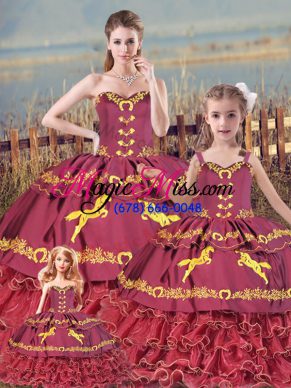Most Popular Sleeveless Floor Length Embroidery and Ruffled Layers Zipper Sweet 16 Dress with Burgundy