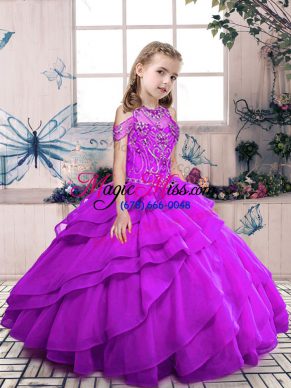 Beading and Ruffled Layers Little Girls Pageant Dress Wholesale Purple Lace Up Sleeveless Floor Length