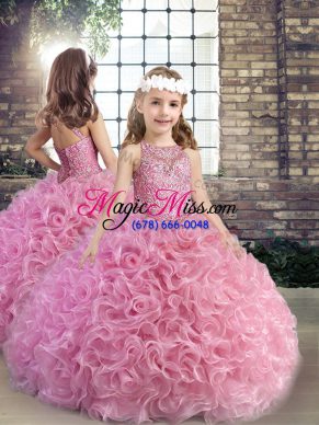 Custom Made Sleeveless Fabric With Rolling Flowers Floor Length Lace Up Kids Pageant Dress in Pink with Beading