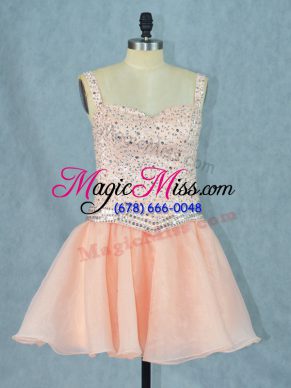High Class Peach Lace Up Straps Beading Prom Gown Organza Sleeveless