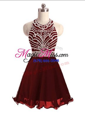 Inexpensive Burgundy Prom Dress Prom and Party with Beading Halter Top Sleeveless Lace Up