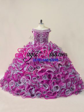 Fancy Brush Train Ball Gowns Quinceanera Gown Multi-color Off The Shoulder Organza Sleeveless Lace Up