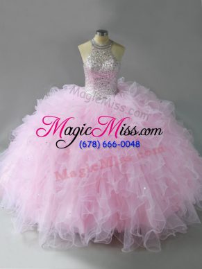 Flirting Pink 15th Birthday Dress Sweet 16 and Quinceanera with Beading and Ruffles Halter Top Sleeveless Lace Up