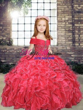Glorious Organza Straps Sleeveless Lace Up Beading and Ruffles Kids Pageant Dress in Red
