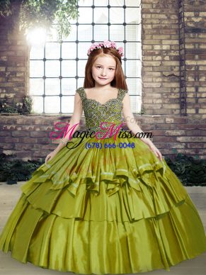 Amazing Straps Sleeveless Little Girls Pageant Dress Wholesale Floor Length Beading Olive Green Taffeta