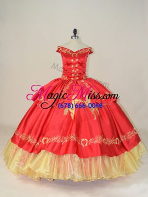 Custom Design Red Ball Gowns Satin and Organza Off The Shoulder Sleeveless Embroidery Floor Length Lace Up Sweet 16 Dress