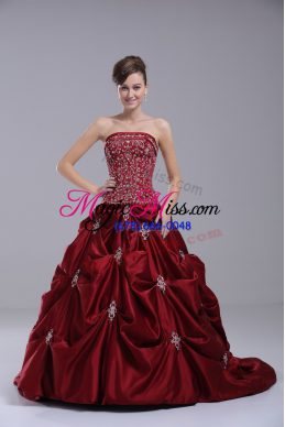 Wine Red Taffeta Lace Up Bridal Gown Sleeveless Brush Train Beading and Embroidery