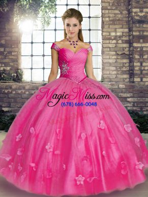 Hot Pink Lace Up Off The Shoulder Beading and Appliques Quinceanera Dresses Tulle Sleeveless