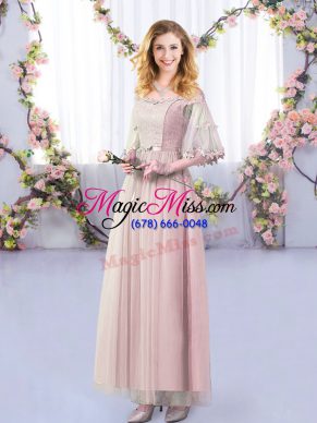 Pink Half Sleeves Lace and Belt Floor Length Wedding Party Dress
