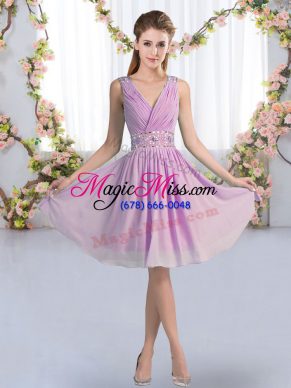 Modest Lavender Chiffon Zipper V-neck Sleeveless Knee Length Bridesmaid Dresses Beading