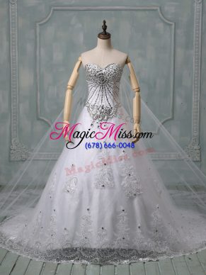 Sleeveless Beading and Lace Lace Up Wedding Dresses with White Chapel Train