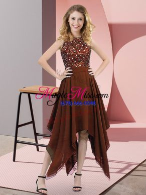 Colorful High-neck Sleeveless Prom Dresses Asymmetrical Beading and Sequins Brown Chiffon