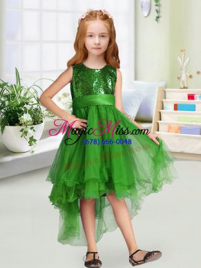 Cute Scoop Sleeveless Flower Girl Dresses High Low Sequins and Bowknot Green Organza
