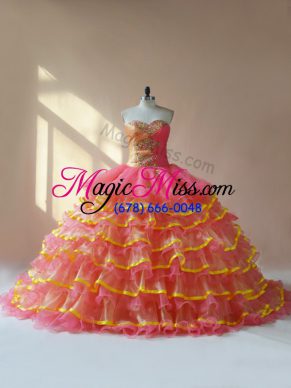 Pink Ball Gowns Organza Sweetheart Sleeveless Beading and Ruching Lace Up 15th Birthday Dress