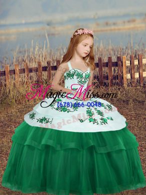 Gorgeous Dark Green Straps Neckline Embroidery Girls Pageant Dresses Sleeveless Lace Up