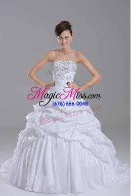 Superior Taffeta Strapless Sleeveless Brush Train Lace Up Beading and Pick Ups Wedding Dresses in White