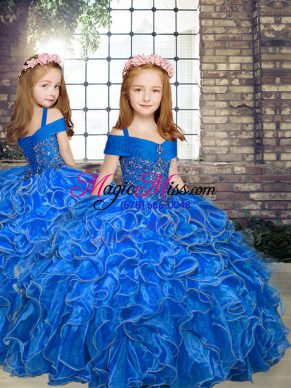 Blue Sleeveless Floor Length Beading and Ruffles Lace Up Little Girls Pageant Gowns
