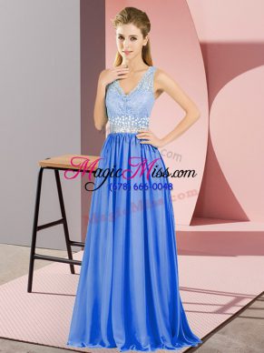Beautiful Blue V-neck Neckline Beading and Lace Prom Party Dress Sleeveless Backless