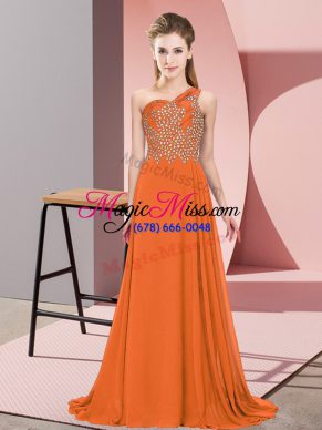 Orange One Shoulder Side Zipper Beading Prom Gown Sleeveless