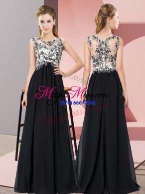 Sleeveless Chiffon Floor Length Zipper Bridesmaid Dresses in Black with Beading and Appliques