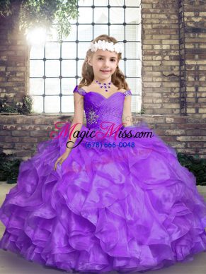 Dazzling Sleeveless Organza Floor Length Lace Up Kids Formal Wear in Lavender with Beading and Ruffles