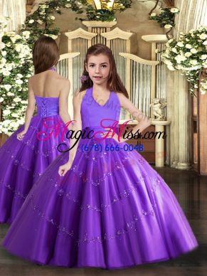 Beautiful Purple Ball Gowns Tulle Halter Top Sleeveless Beading Floor Length Lace Up High School Pageant Dress