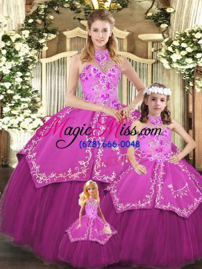 Fuchsia Sleeveless Satin and Tulle Lace Up Vestidos de Quinceanera for Military Ball and Sweet 16 and Quinceanera