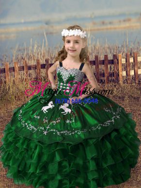 Excellent Sleeveless Organza Floor Length Lace Up Little Girls Pageant Dress Wholesale in Green with Embroidery and Ruffled Layers