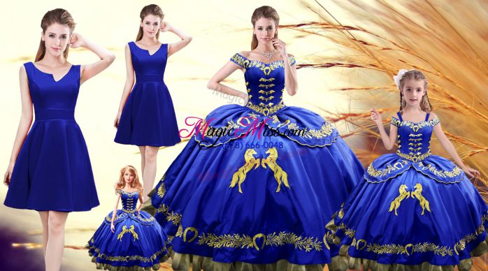 Satin Off The Shoulder Sleeveless Lace Up Embroidery Quinceanera Dress in Royal Blue