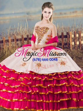 Fuchsia Lace Up Quinceanera Gown Beading and Ruffled Layers Sleeveless Floor Length