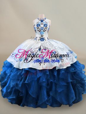 Luxurious Organza Halter Top Sleeveless Lace Up Embroidery and Ruffles Ball Gown Prom Dress in Blue And White