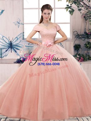Wonderful Pink Ball Gowns Tulle Off The Shoulder Short Sleeves Lace and Hand Made Flower Floor Length Lace Up Quinceanera Dress