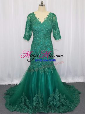 Best Selling Mermaid Half Sleeves Green Mother Of The Bride Dress Brush Train Lace Up