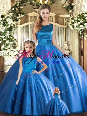 Blue Lace Up Quinceanera Dresses Appliques Sleeveless Floor Length