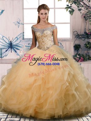 New Arrival Floor Length Gold Quinceanera Dress Tulle Sleeveless Beading and Ruffles