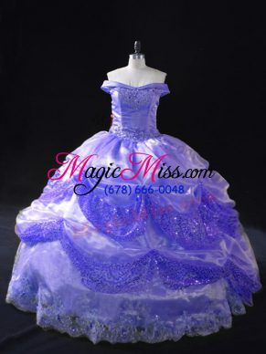 Flare Floor Length Lace Up Sweet 16 Quinceanera Dress Lavender for Sweet 16 and Quinceanera with Beading and Pick Ups